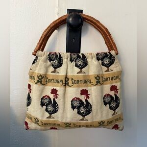 Vintage Portugal Rooster Fabric Woven Bamboo Top Handle Boho Bag